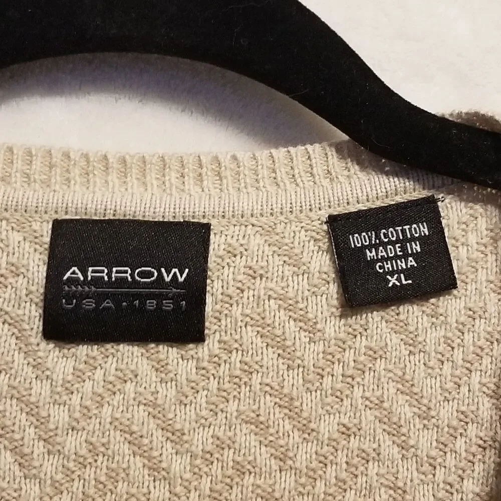 Arrow Mens XL Sweater Vest 100% Cotton Beige Basket Weave Preppy Old Money Basic